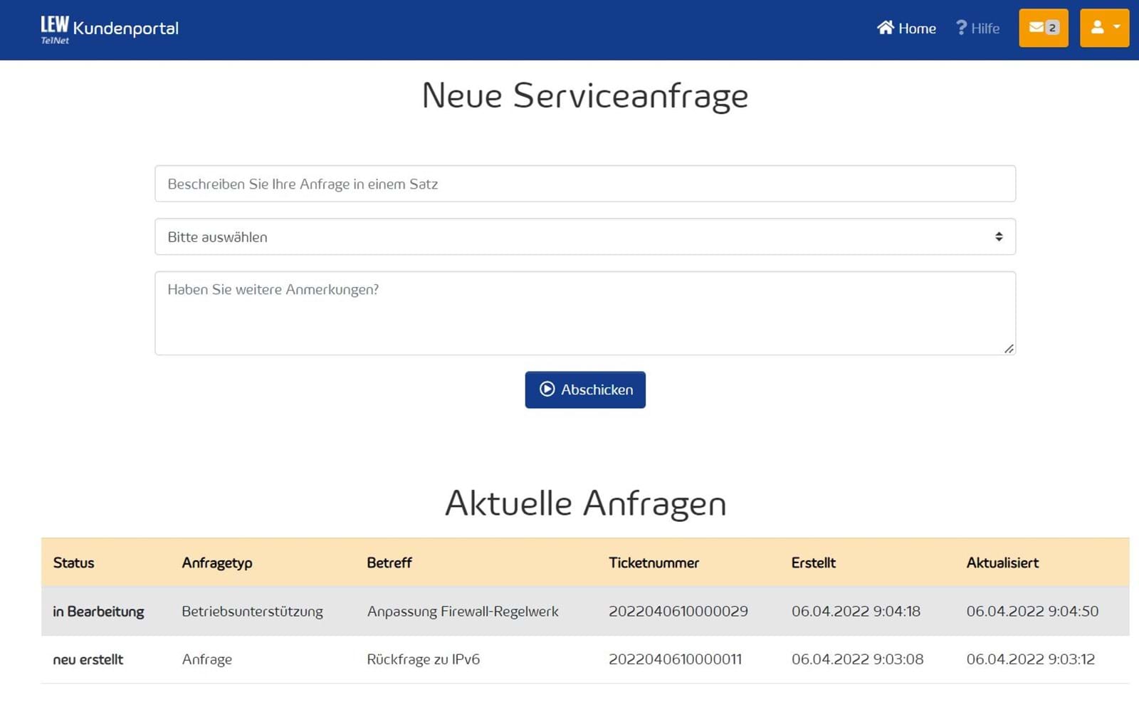 Screenshot: Serviceanfrage Kundenportal